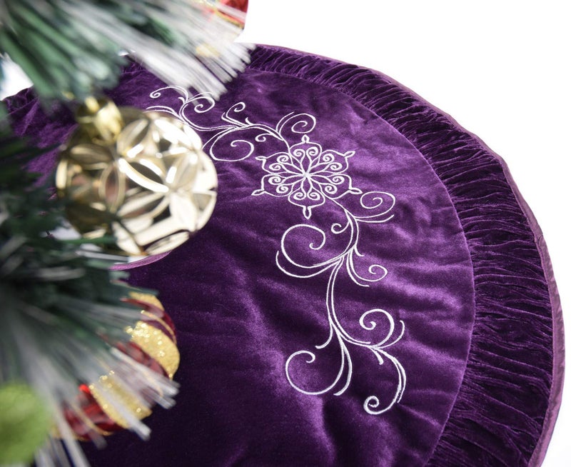 ONGLYP X.Sem Flower Embroidered Velvet Christmas Tree Skirt with Pleat Velvet Border 50'' Purple (50 inch) - Image 3